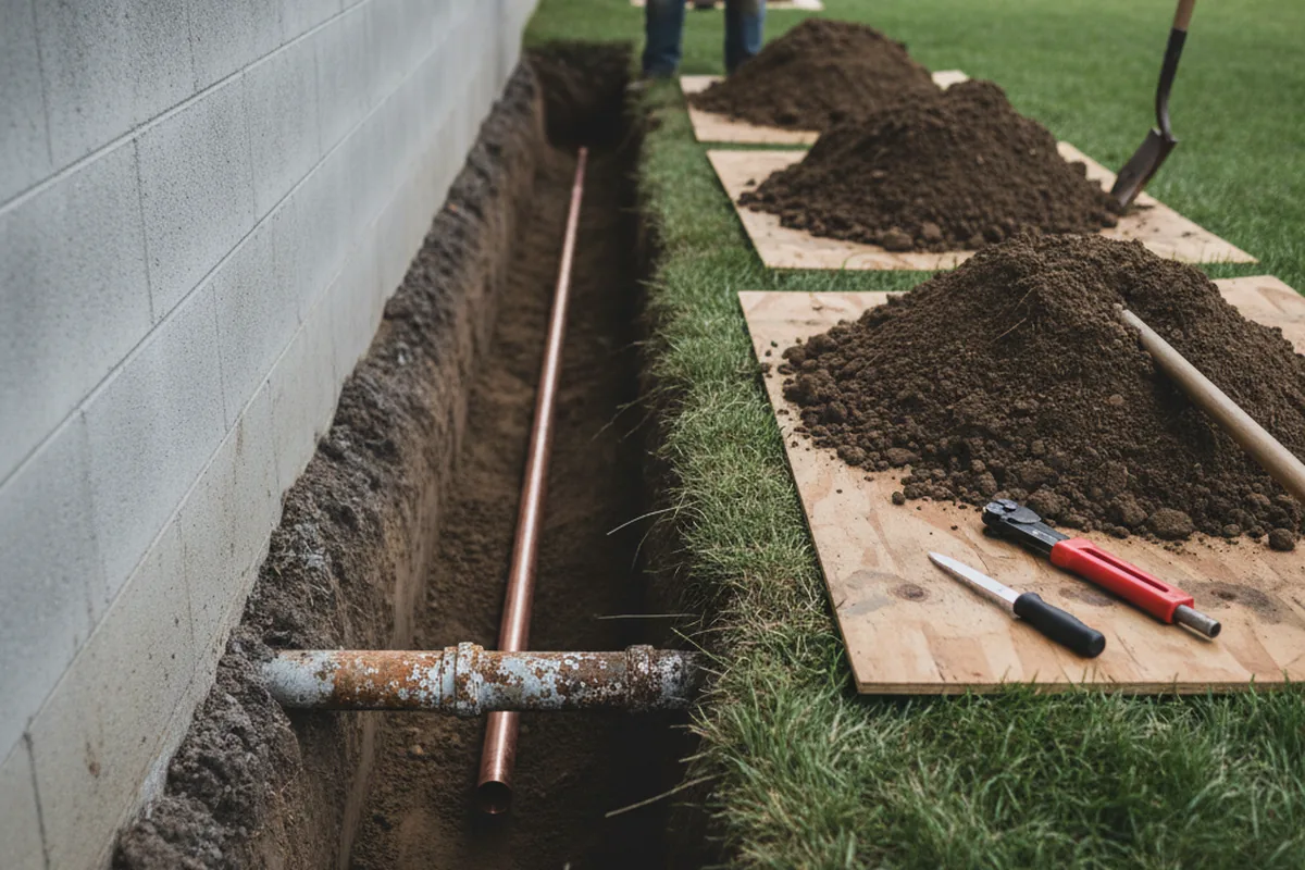 Excavated water line trench during Water Softener Installation in Pleasant Grove
